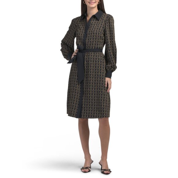 ELIE TAHARI Navy Long Sleeve Collared Button Down Midi Dress - Picture 1 of 2